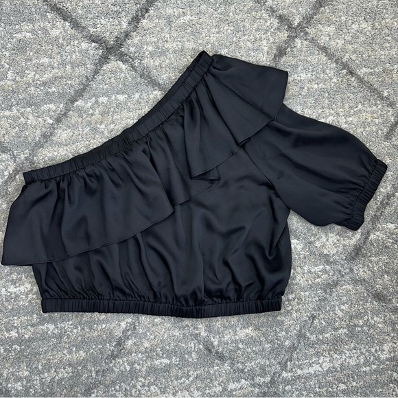Express women one shoulder ruffle satin cropped top XL black pirate renaissance - Picture 4 of 10